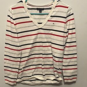 Tommy Hilfiger Red and Black Striped V-Neck Top